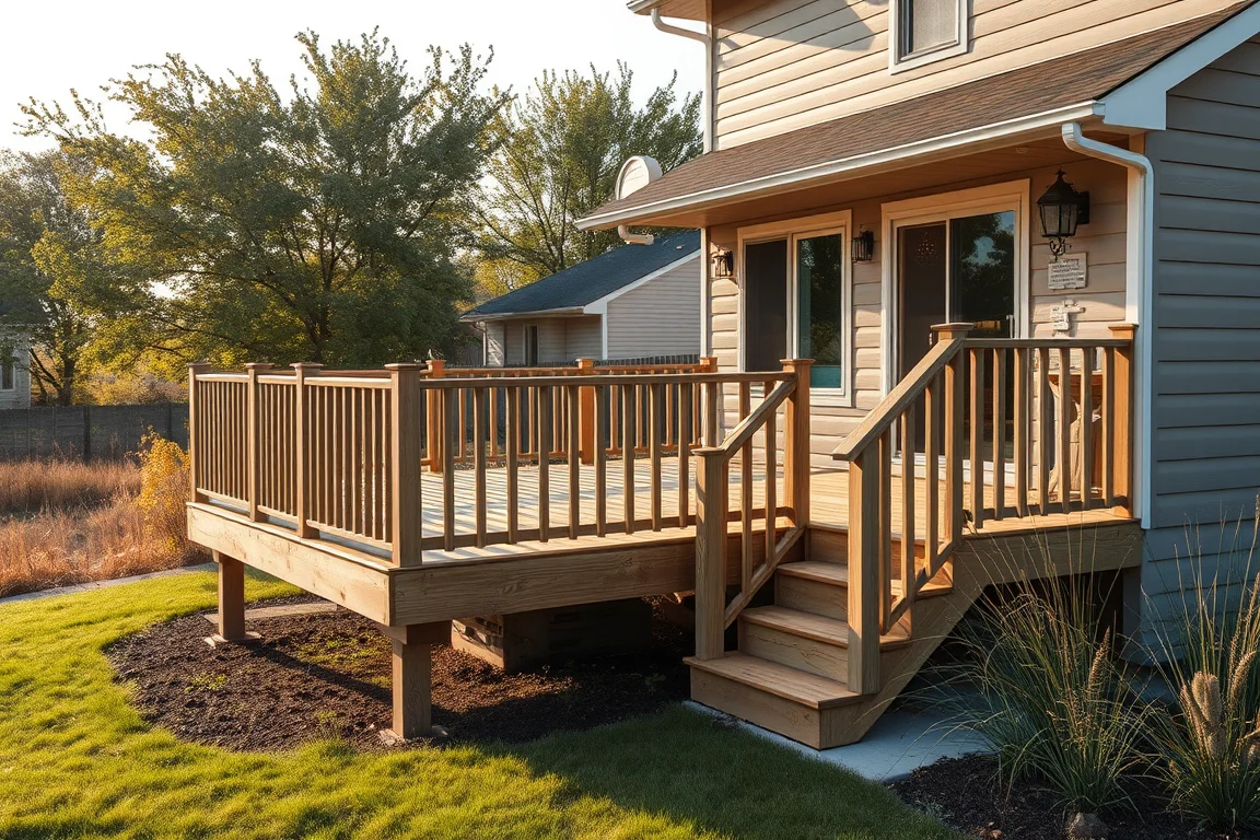 deck with railing beside a Nebraska-style home