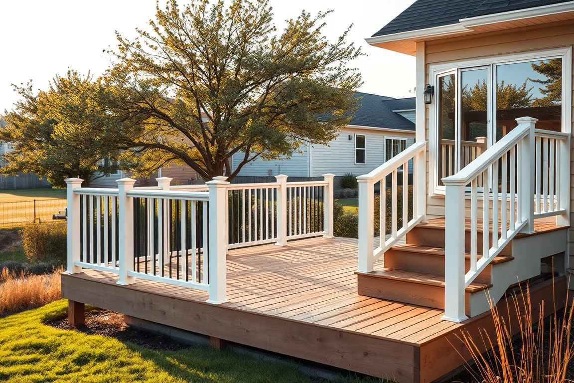 deck with railing beside a Nebraska-style home