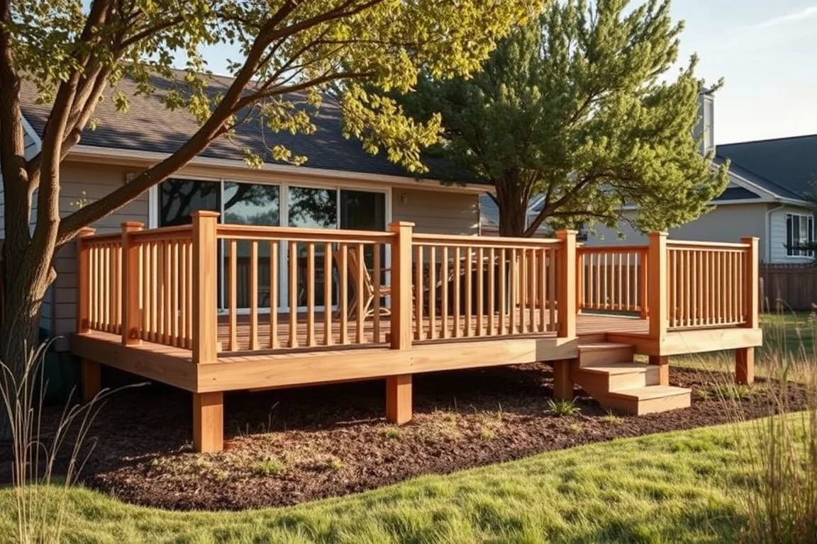 deck with railing beside a Nebraska-style home