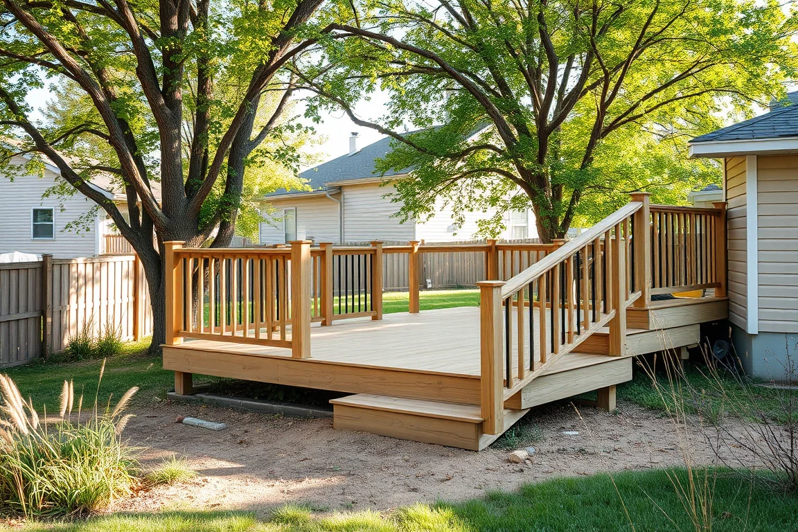 deck with railing beside a Nebraska-style home