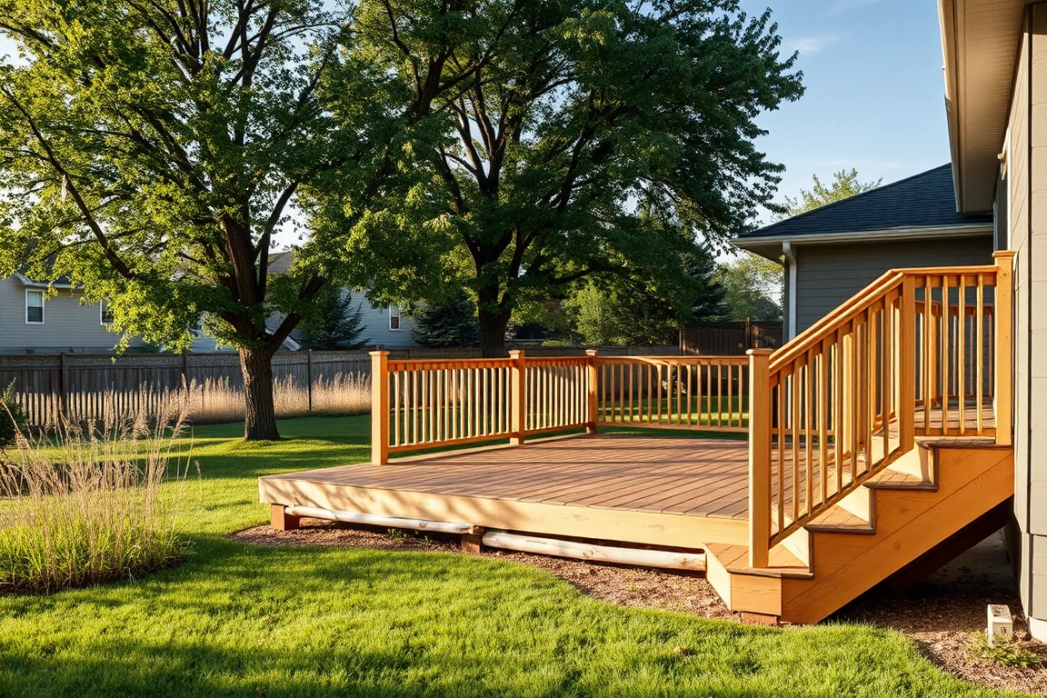 deck with railing beside a Nebraska-style home