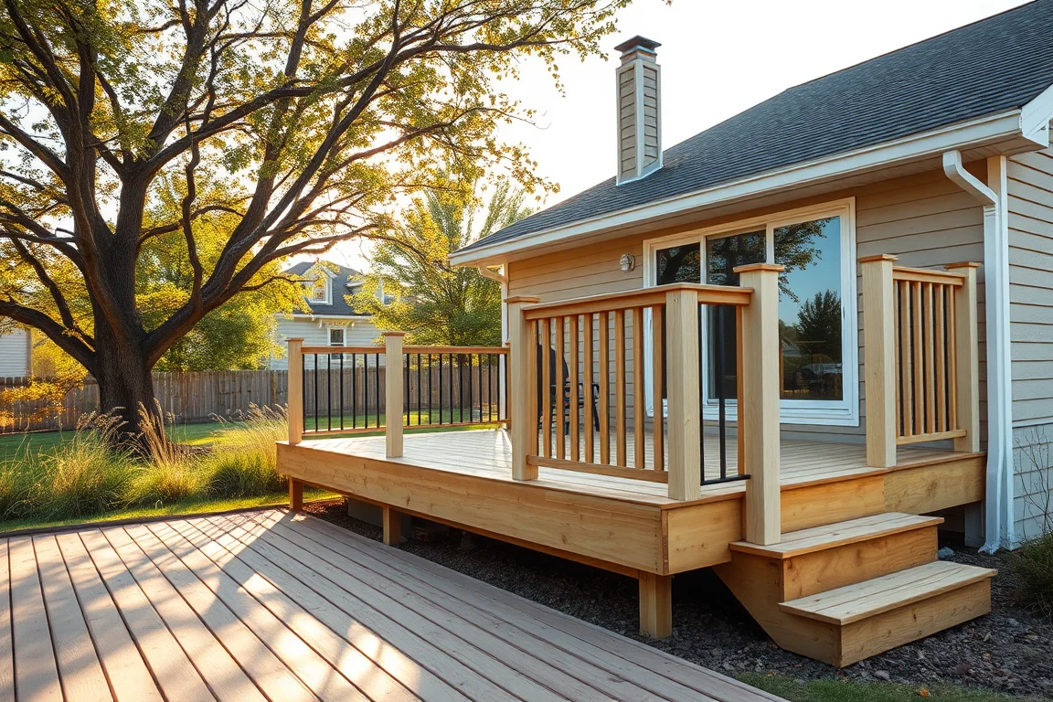 deck with railing beside a Nebraska-style home